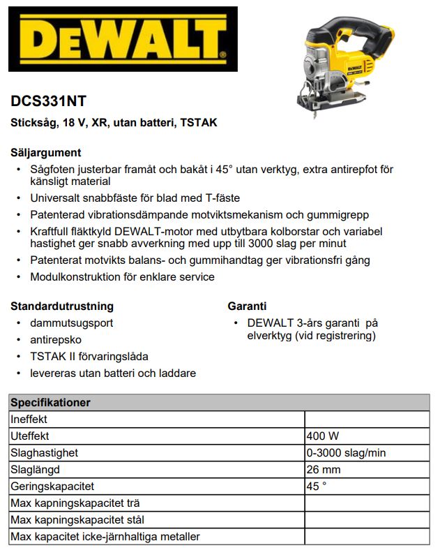 Dewalt sticksåg DCS331NT-XJ XR 18V - Borgunda Bygghandel AB